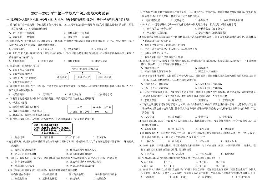 蘭州天慶實(shí)驗(yàn)中學(xué)2024-2025年度八上歷史期末試卷 蘭州天慶實(shí)驗(yàn)中學(xué)2024-2025年度八上歷史期末試卷第1頁