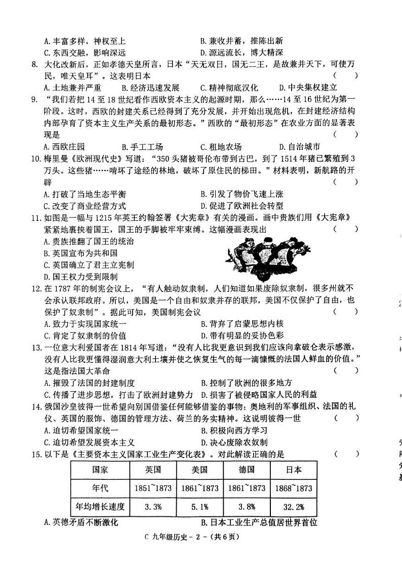 河南省驻马店市确山县部分私立初中2024-2025学年九年级上学期1月期末历史试题第2页