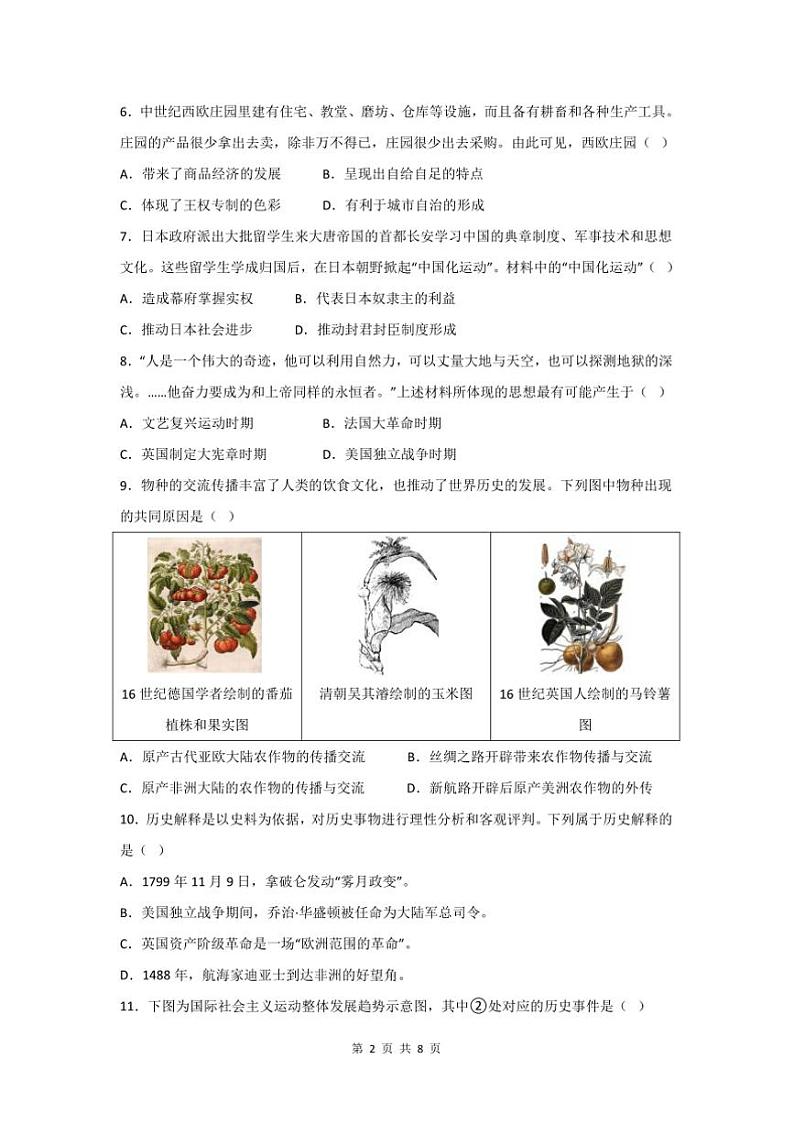2024~2025学年云南省云南师范大学实验中学昆明湖校区九年级上历史期末模拟学情检测卷试卷(含答案)第2页