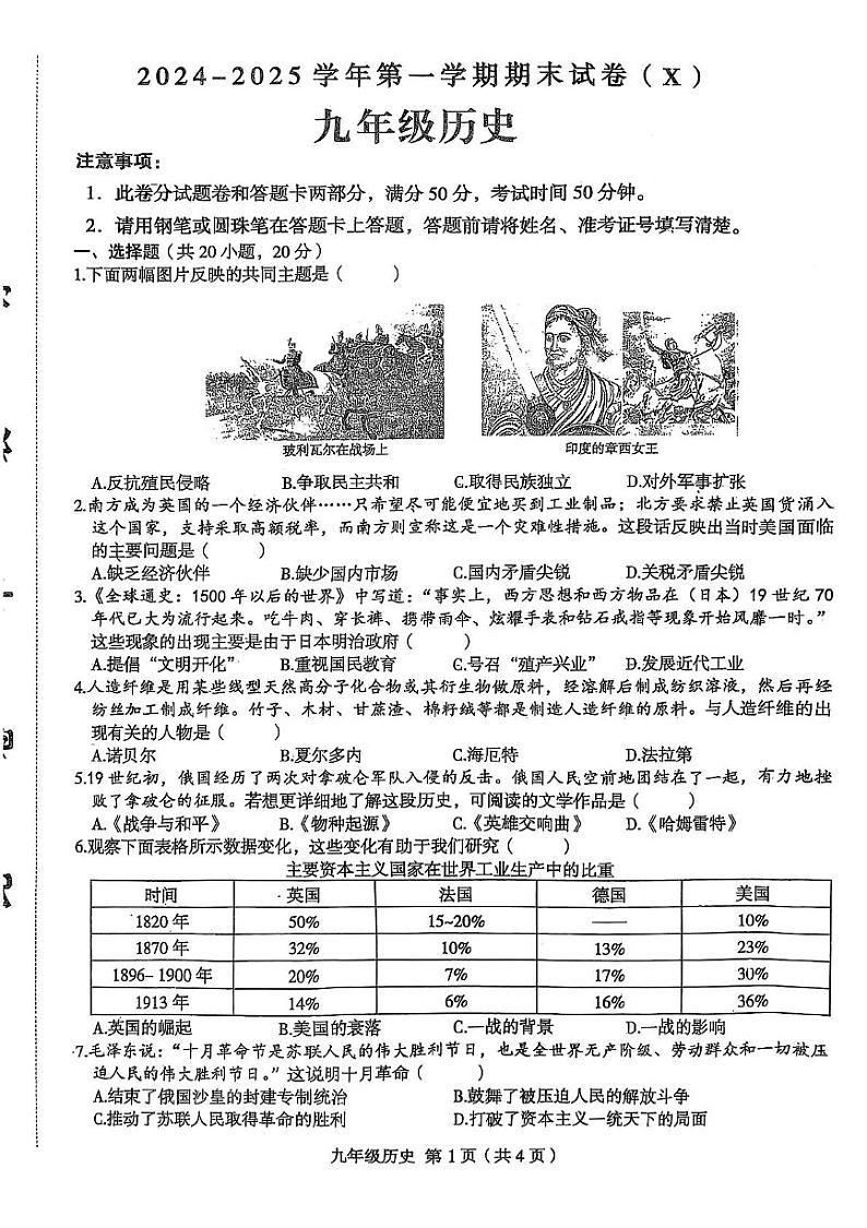 河南省周口市郸城县名校联考2024-2025学年九年级上学期1月期末历史试题第1页