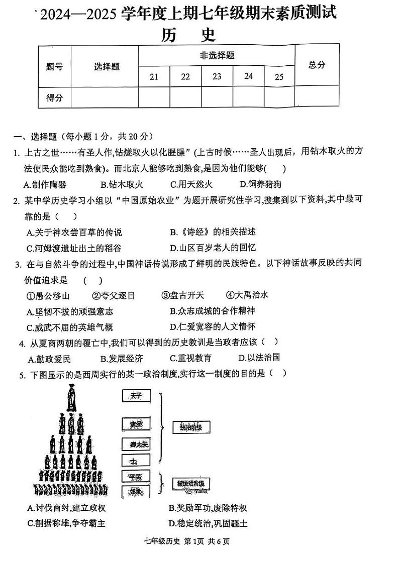 河南省驻马店上蔡县2024-2025学年部编版七年级历史上学期期末素质测试卷第1页