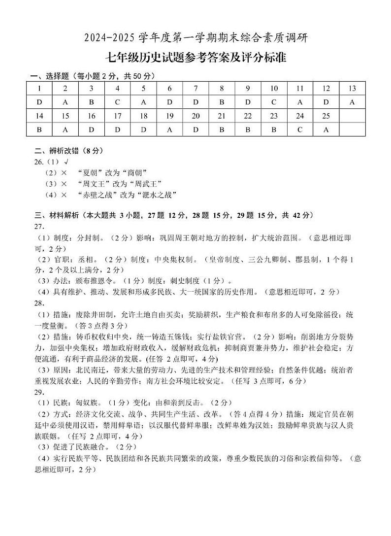 安庆市2024-2025学年度第一学期期末综合素质调研七年级历史试卷(含答案) 七年级---历史答案(1)第1页