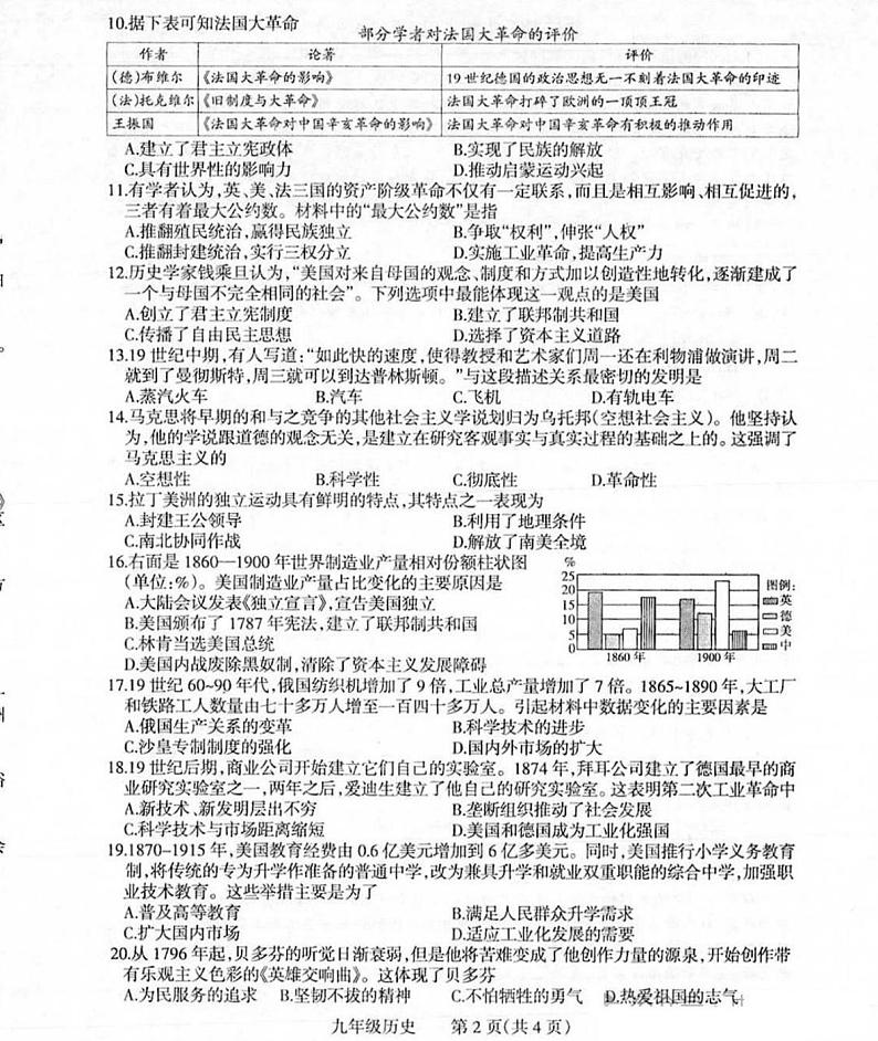 焦作市2024-2025学年九年级上学期期末历史试卷及答案第2页