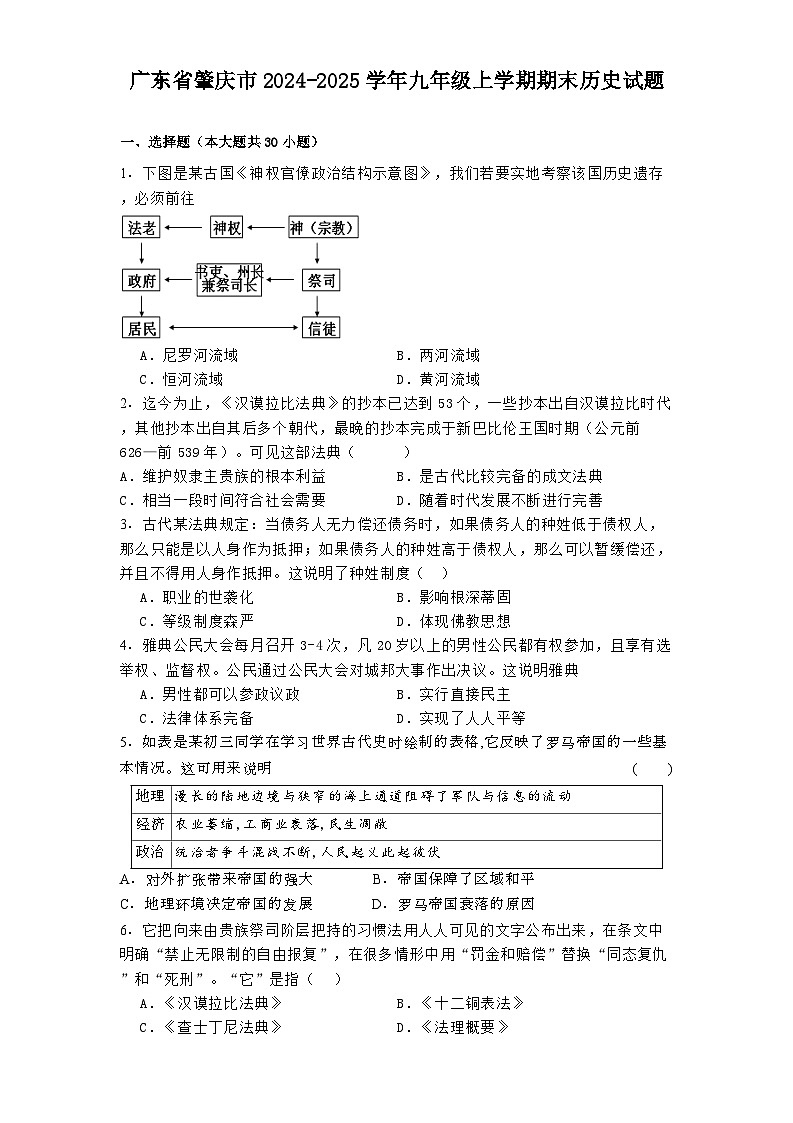 广东省肇庆市2024-2025学年九年级上学期期末历史试题第1页