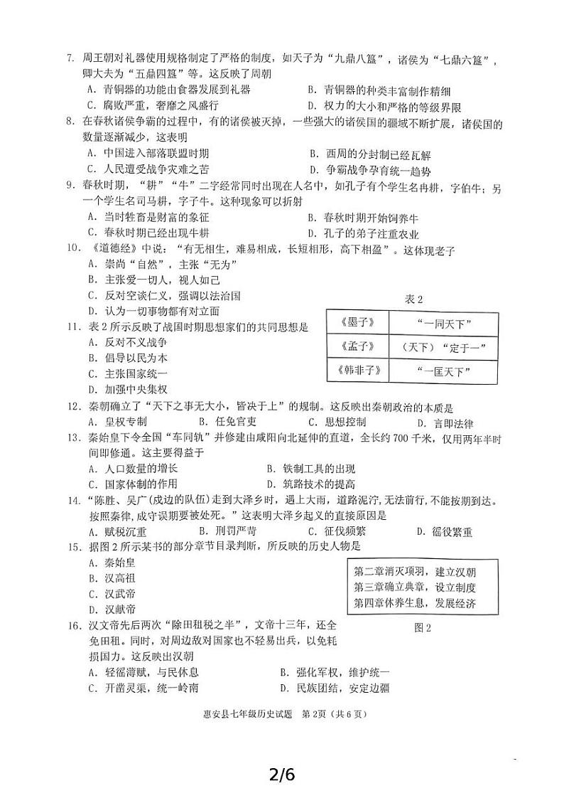 福建省泉州市惠安县2022-2023学年七年级上学期期末历史试题第2页