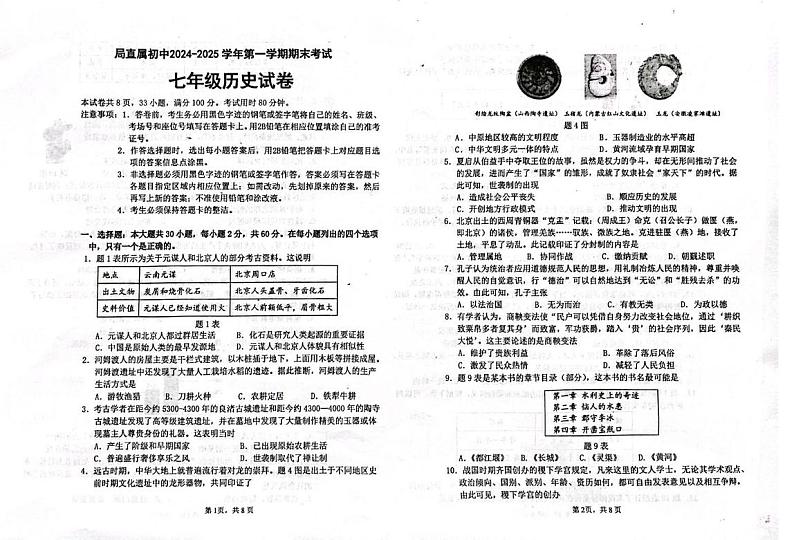 广东省茂名市龙岭学校2024--2025学年部编版七年级历史上学期期末考试题第1页
