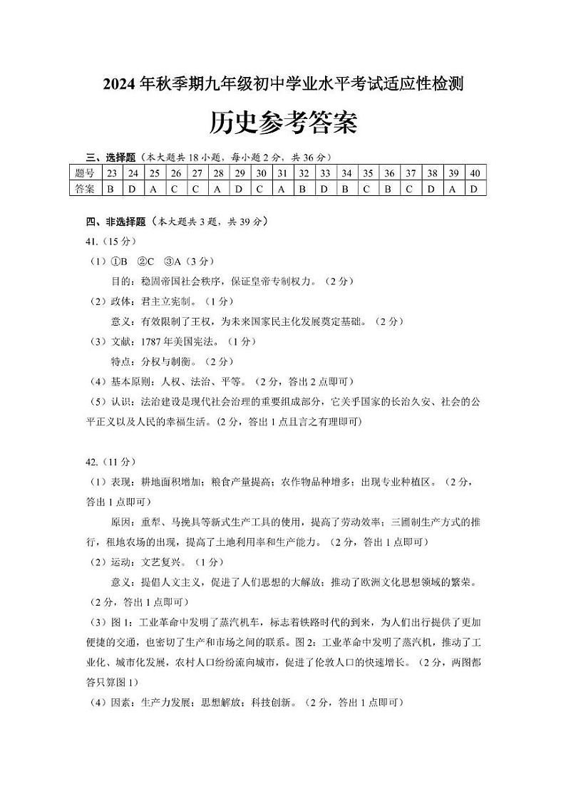 九年级历史期末参考答案第1页