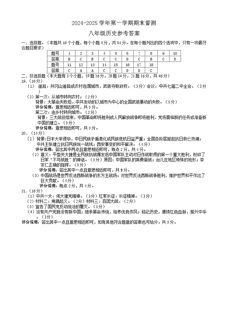 河北省邢台市威县2024-2025学年八年级上学期1月期末历史试题 八年级历史答案第1页