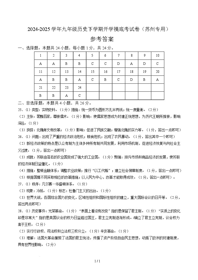 九年级历史开学摸底考(苏州专用)(参考答案)第1页