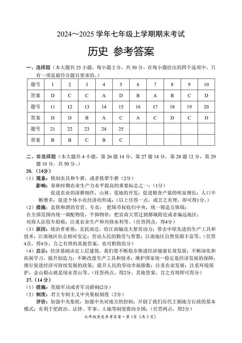 【05历史】昆明市西山区2024~2025 学年七年级上学期期末考试历史答案(pdf原卷)第1页