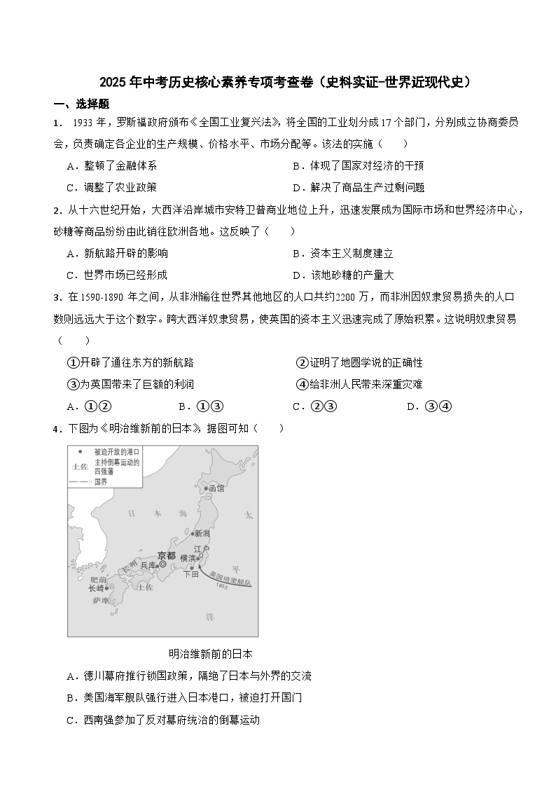 2025年中考历史核心素养专项考查卷（史料实证-世界近现代史）