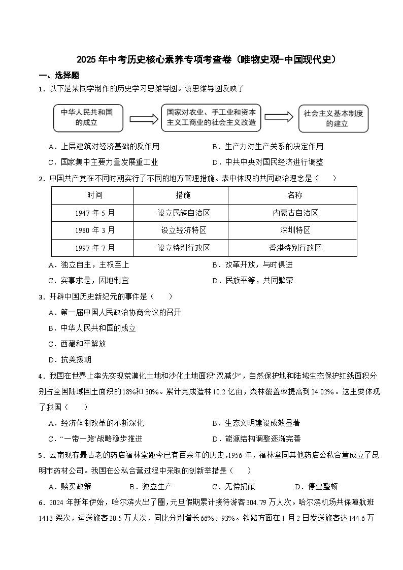 2025年中考历史核心素养专项考查卷（唯物史观-中国现代史）