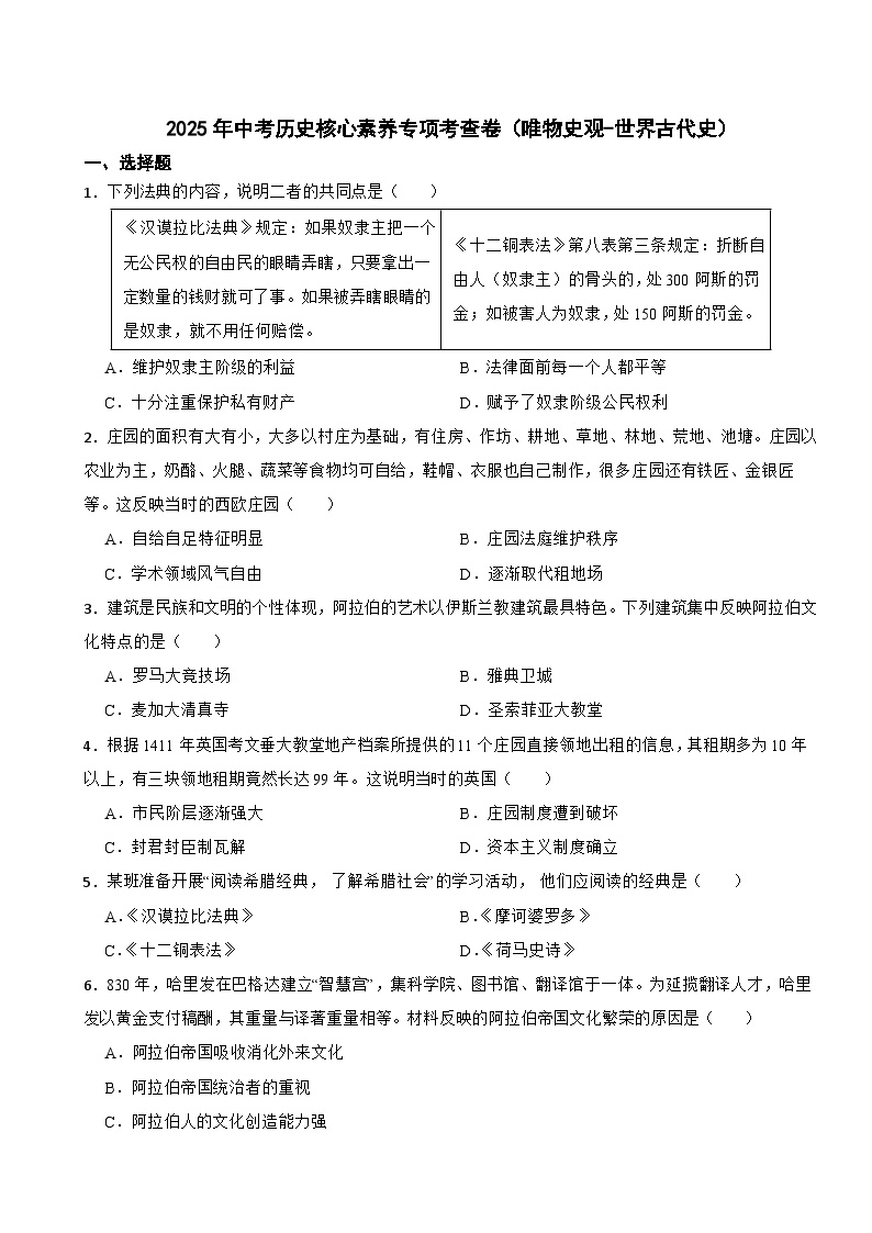 2025年中考历史核心素养专项考查卷（唯物史观-世界古代史）