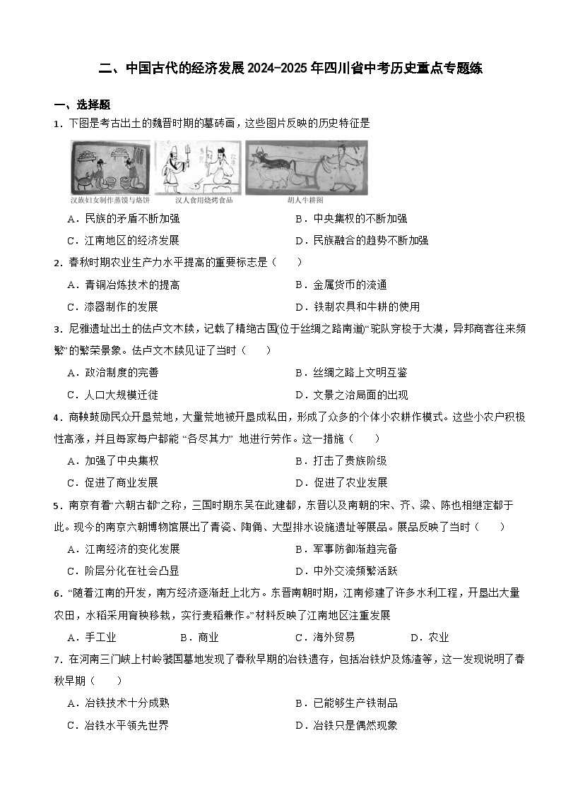 二、中国古代的经济发展2024-2025年四川省中考历史重点专题练