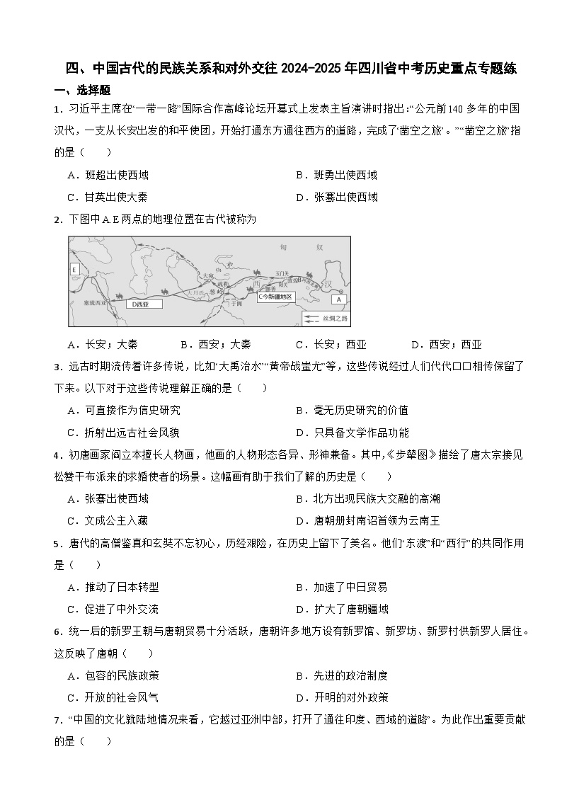 四、中国古代的民族关系和对外交往2024-2025年四川省中考历史重点专题练