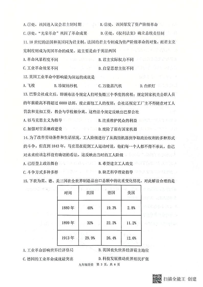 山东省滨州市阳信县2024—2025学年九年级上学期期末历史试题第3页
