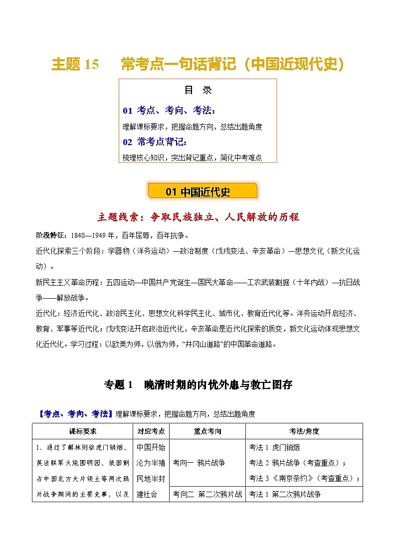 主題15  ?？键c一句話背記（中國近現(xiàn)代史）-2025年中考歷史一輪知識點梳理第1頁