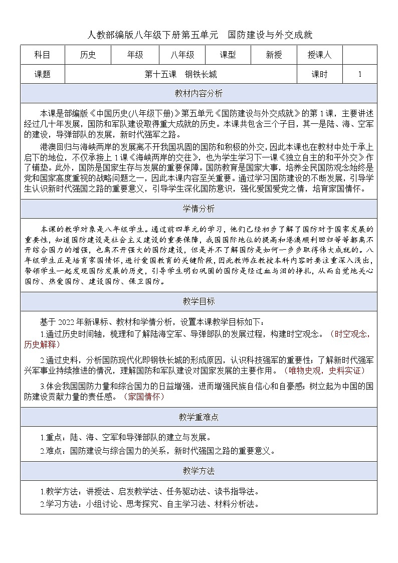 人教版初中历史八年级下册 第15课 钢铁长城(教案)第1页