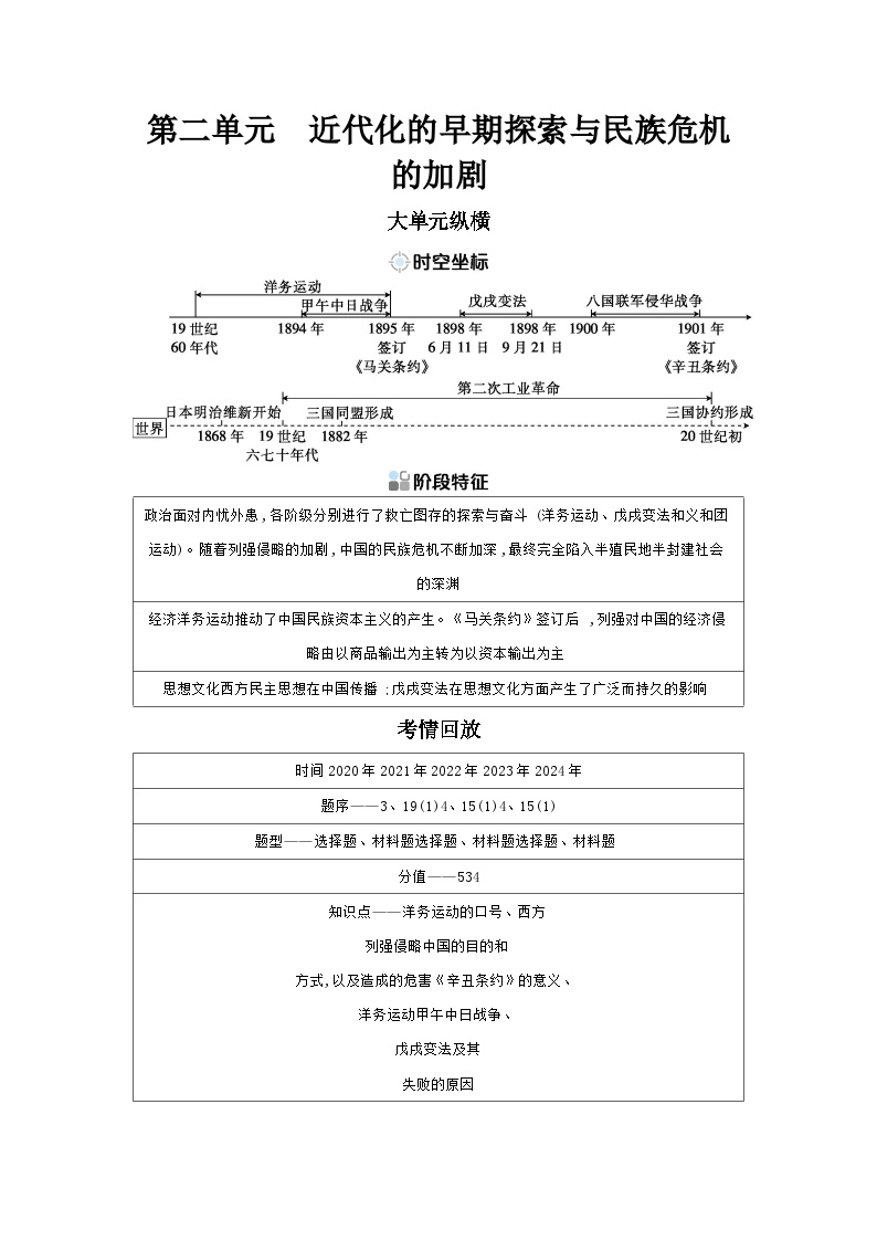 第二单元 近代化的早期探索与民族危机的加剧学案 （含答案）2025年陕西省中考历史一轮专题复习