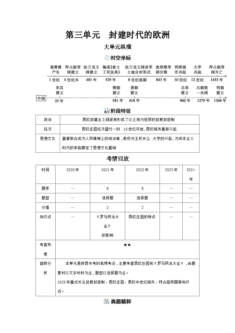 第三单元 封建时代的欧洲学案 （含答案）2025年陕西省中考历史一轮专题复习