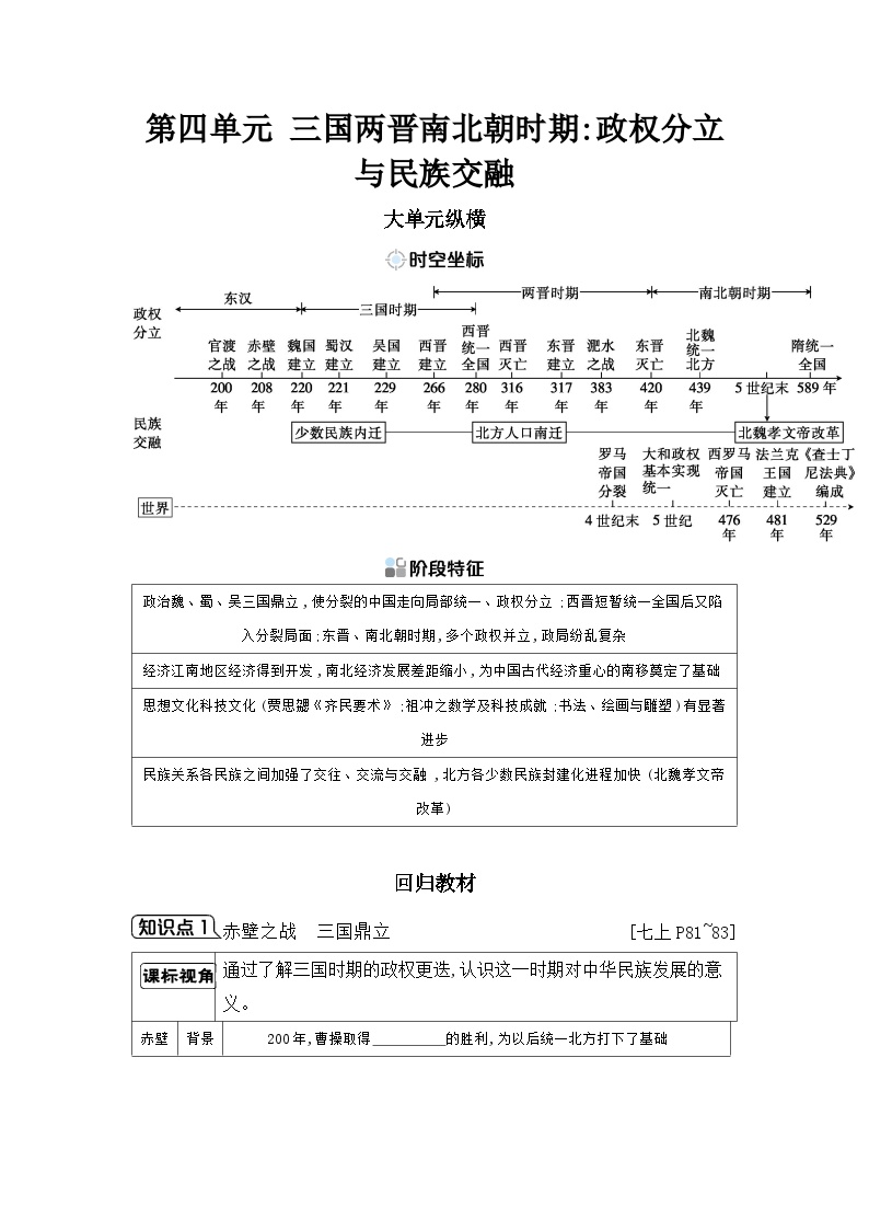 第四单元 三国两晋南北朝时期：政权分立与民族交融学案（含答案） 2025年陕西省中考历史一轮专题复习