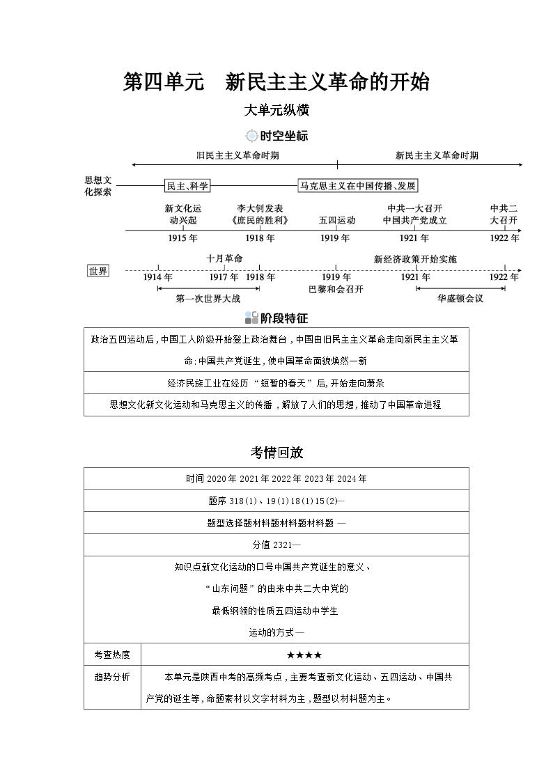 第四单元 新民主主义革命的开始学案（含答案） 2025年陕西省中考历史一轮专题复习