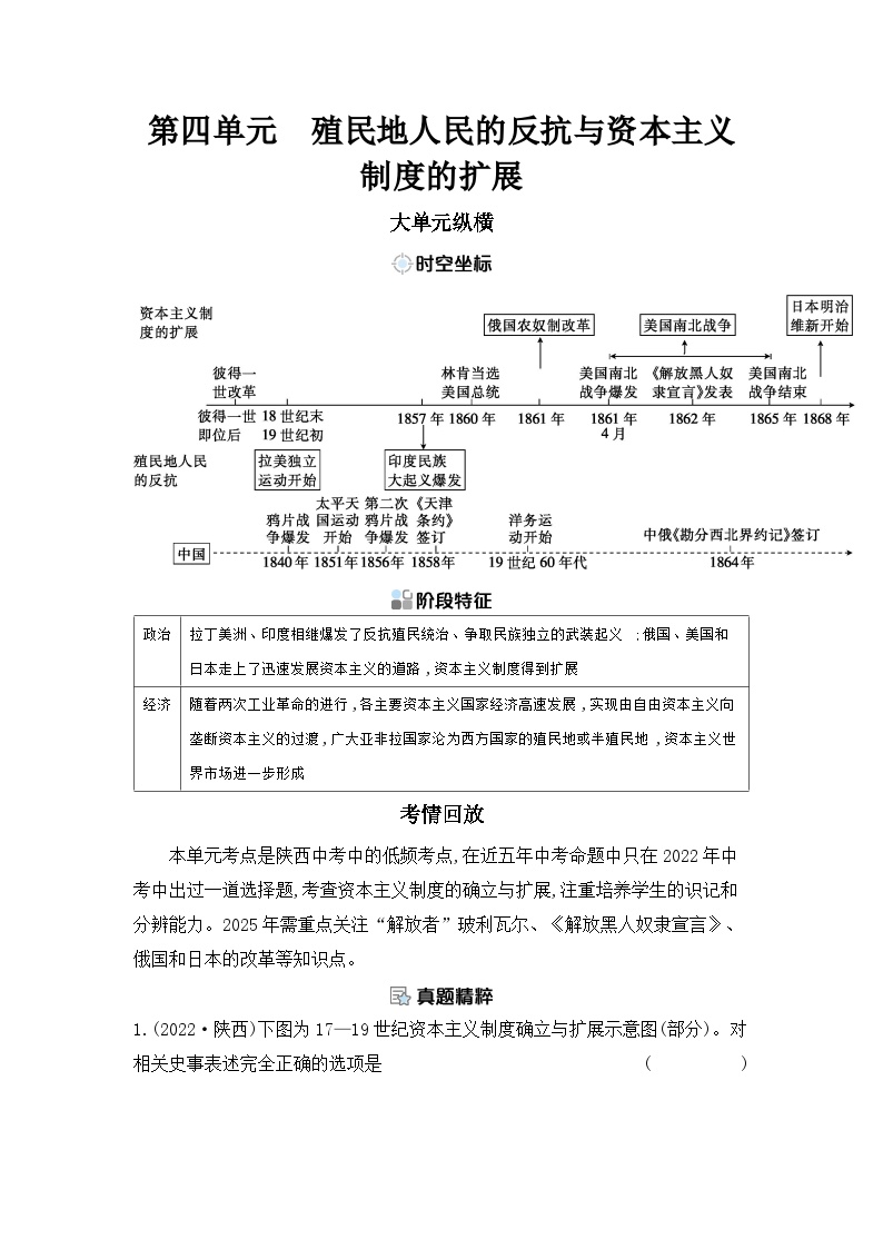 第四单元 殖民地人民的反抗与资本主义制度的扩展学案 （含答案）2025年陕西省中考历史一轮专题复习