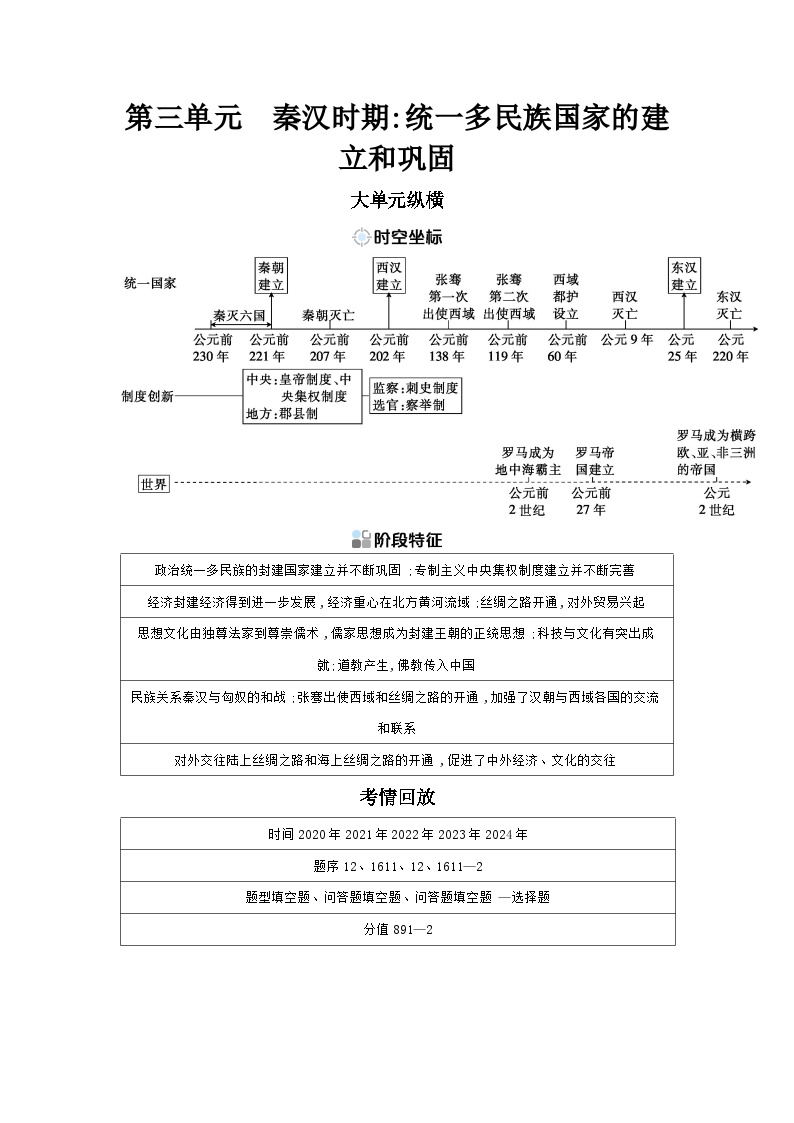 第三单元 秦汉时期：统一多民族封建国家的建立和巩固学案（含答案） 2025年陕西省中考历史一轮专题复习