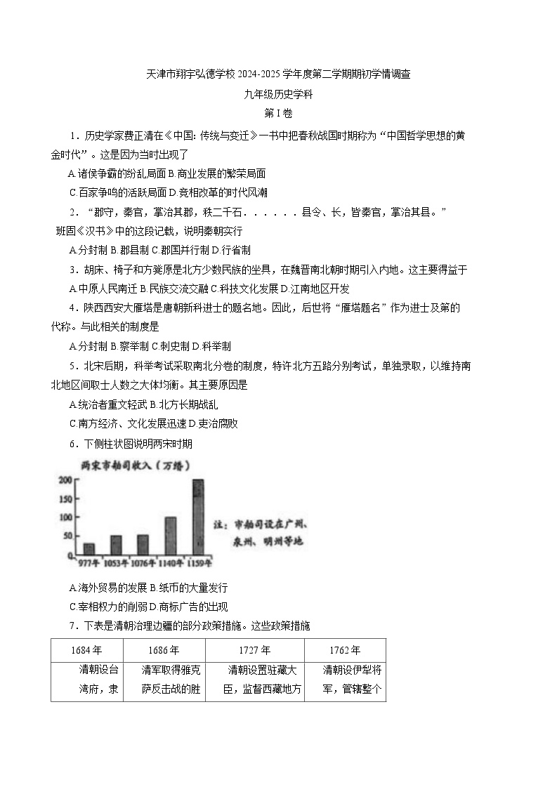 天津市翔宇弘德学校2024_2025学年部编版九年级下学期开学考试 历史试题（含解析）