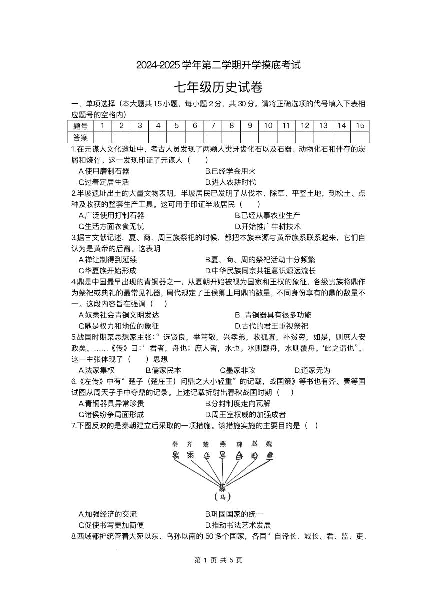 安徽省涡阳县丹城学区2024-2025学年七年级下学期开学考试 历史试卷（pdf版）