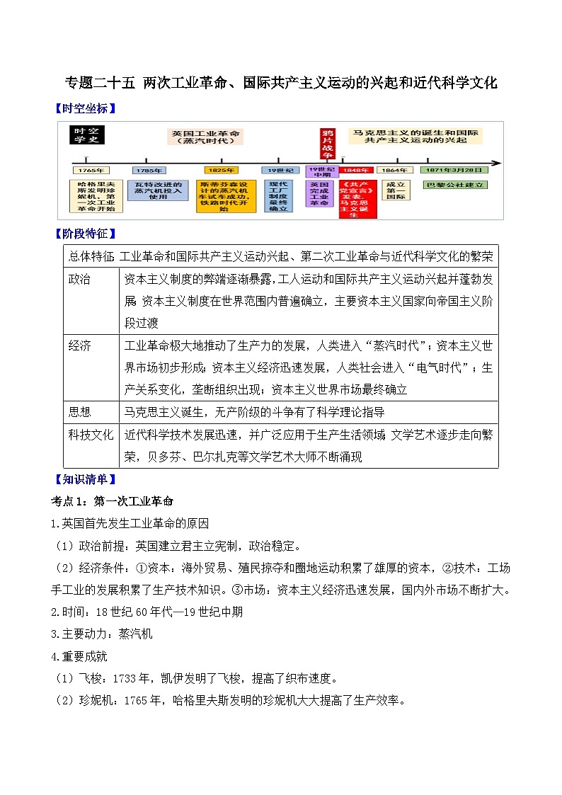 专题二十五 两次工业革命、国际共产主义运动的兴起和近代科学文化 2025年中考历史一轮复习学案(含答案解析)第1页