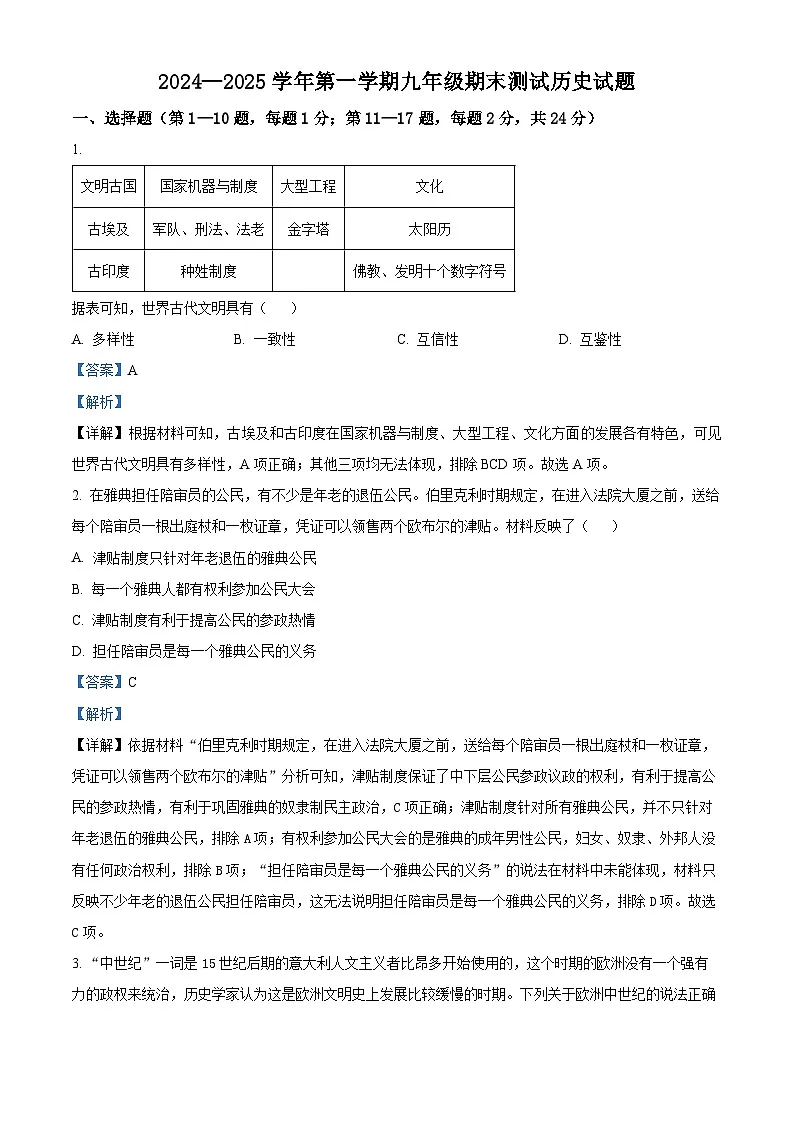 江苏省连云港市海州实验中学2024~2025学年九年级上学期期末历史试题(解析版)第1页