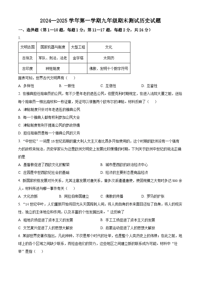 江苏省连云港市海州实验中学2024~2025学年九年级上学期期末历史试题(原卷版)第1页