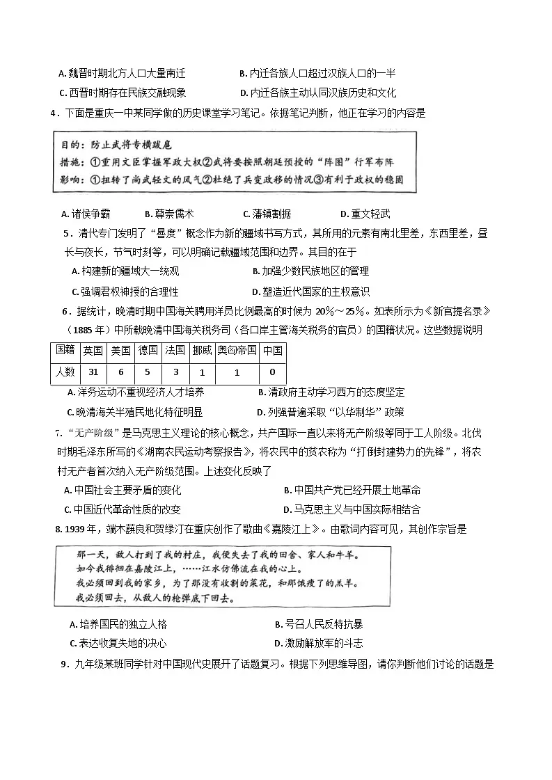 重庆市第一中学校2024-2025学年九年级下学期第一次月考历史试题第2页