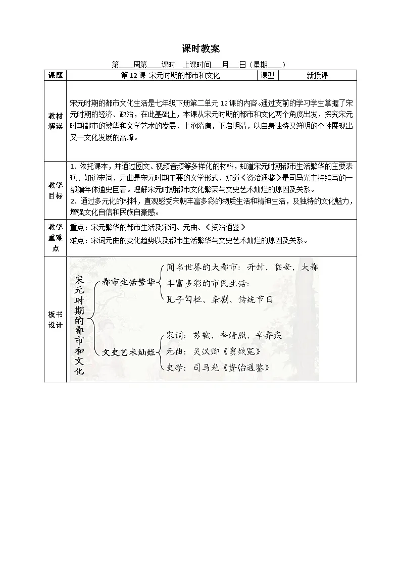 部编版2024七年级下册历史第12课 宋元时期的都市和文化 教学设计第1页