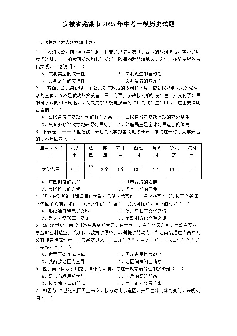 安徽省芜湖市2025年中考一模历史试题(解析版)第1页