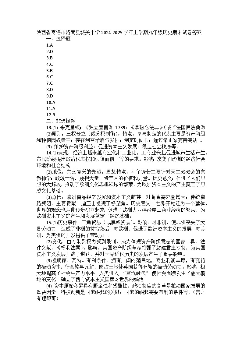 陜西省商洛市洛南縣城關(guān)中學(xué)2024-2025學(xué)年上學(xué)期九年級(jí)歷史期末試卷答案第1頁