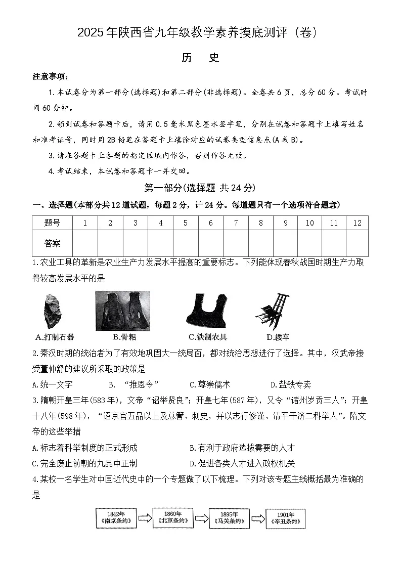 2025年陕西省九年级教学素养摸底测评(卷)-历史第1页