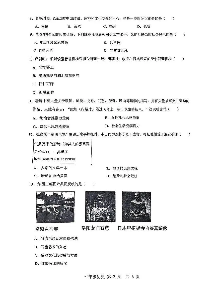 河南省南阳市南召县2024-2025学年七年级下学期3月月考 历史试题(pdf版)第2页