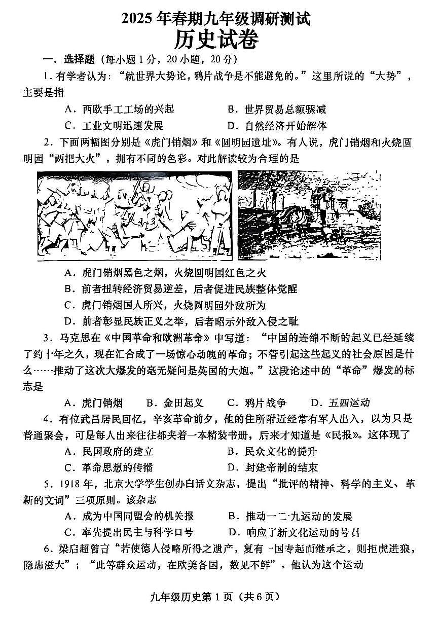 2025年南阳市镇平县九年级中考一模历史试卷及答案第1页