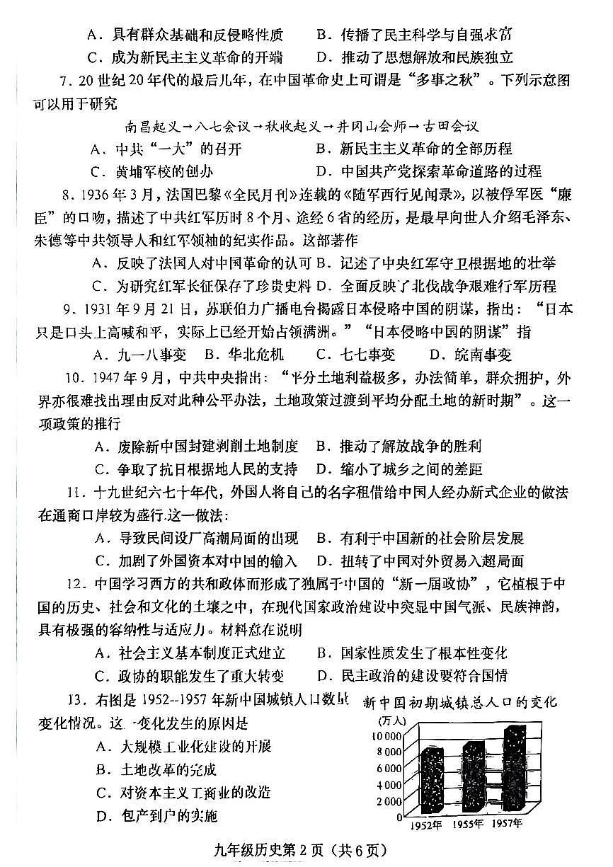2025年南阳市镇平县九年级中考一模历史试卷及答案第2页