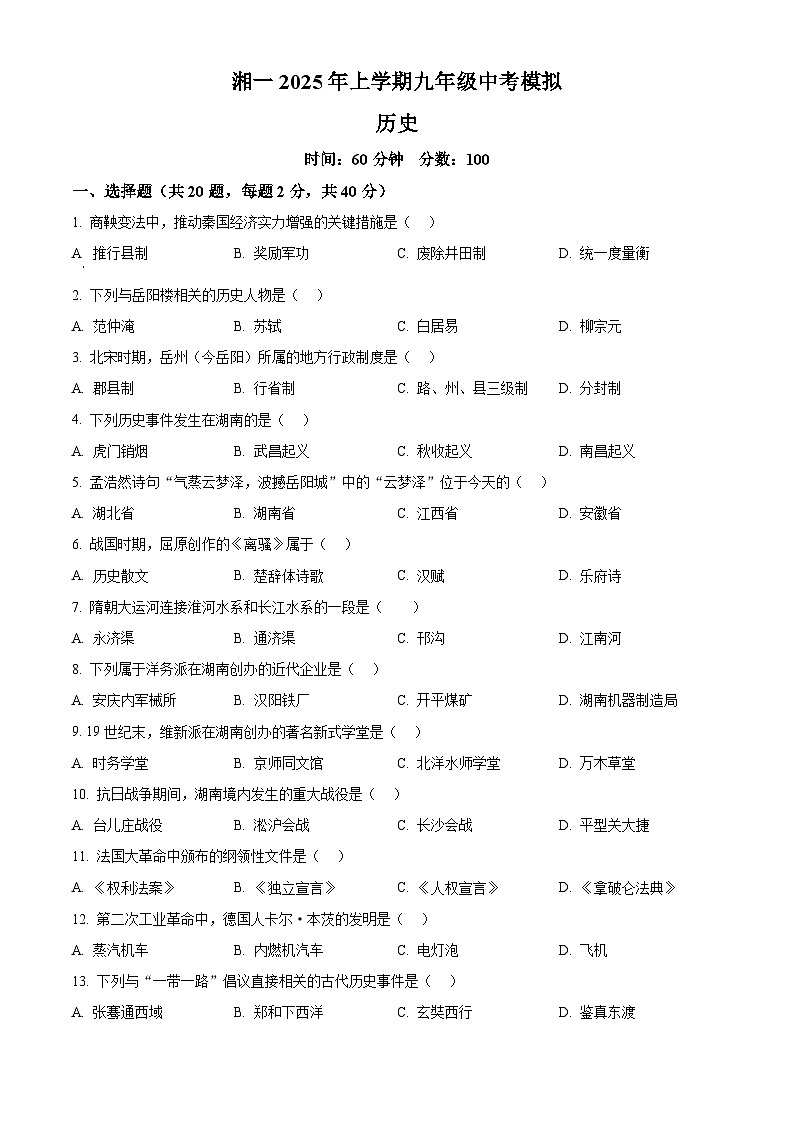 2025年湖南省岳阳市湘一南湖学校中考一模历史试题第1页