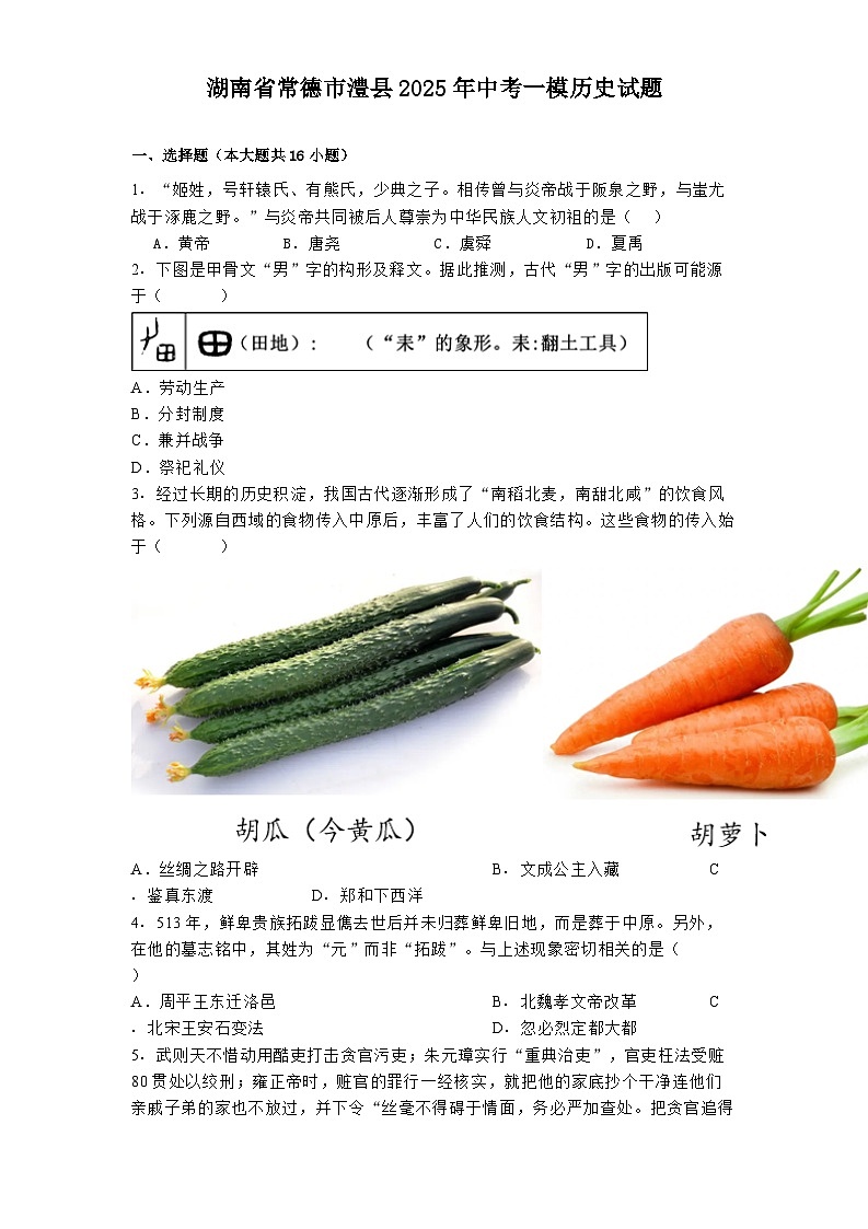 湖南省常德市澧县2025年中考一模历史试题第1页