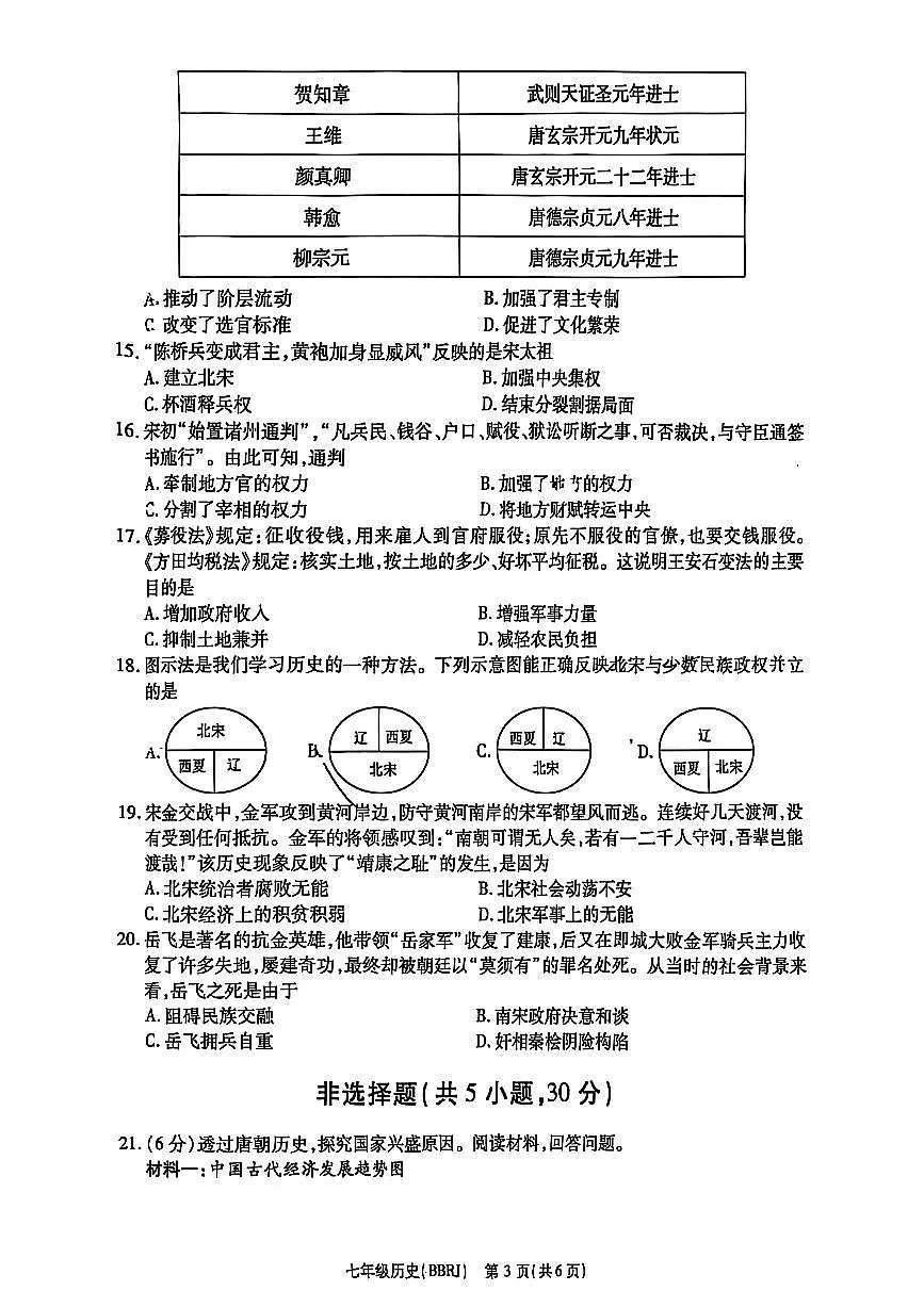 思礼镇河南济源人教版2024年—2025年初中历史七年级下学期期中历史试卷第3页