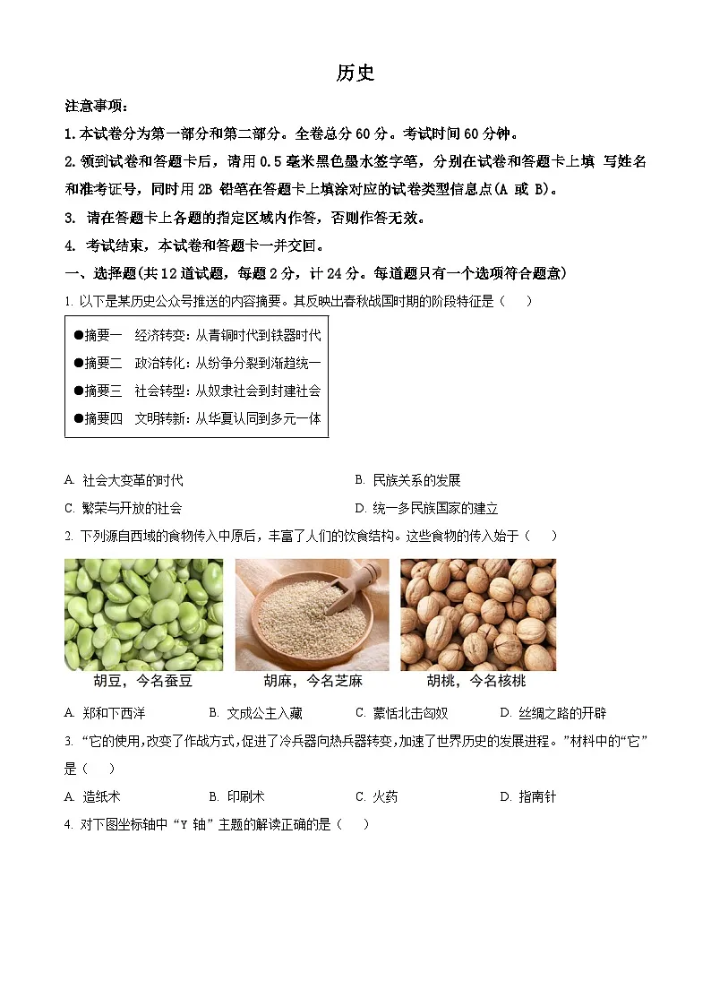 2025年陕西省西安市莲湖区部分学校中考三模历史试题(原卷版+解析版)第1页