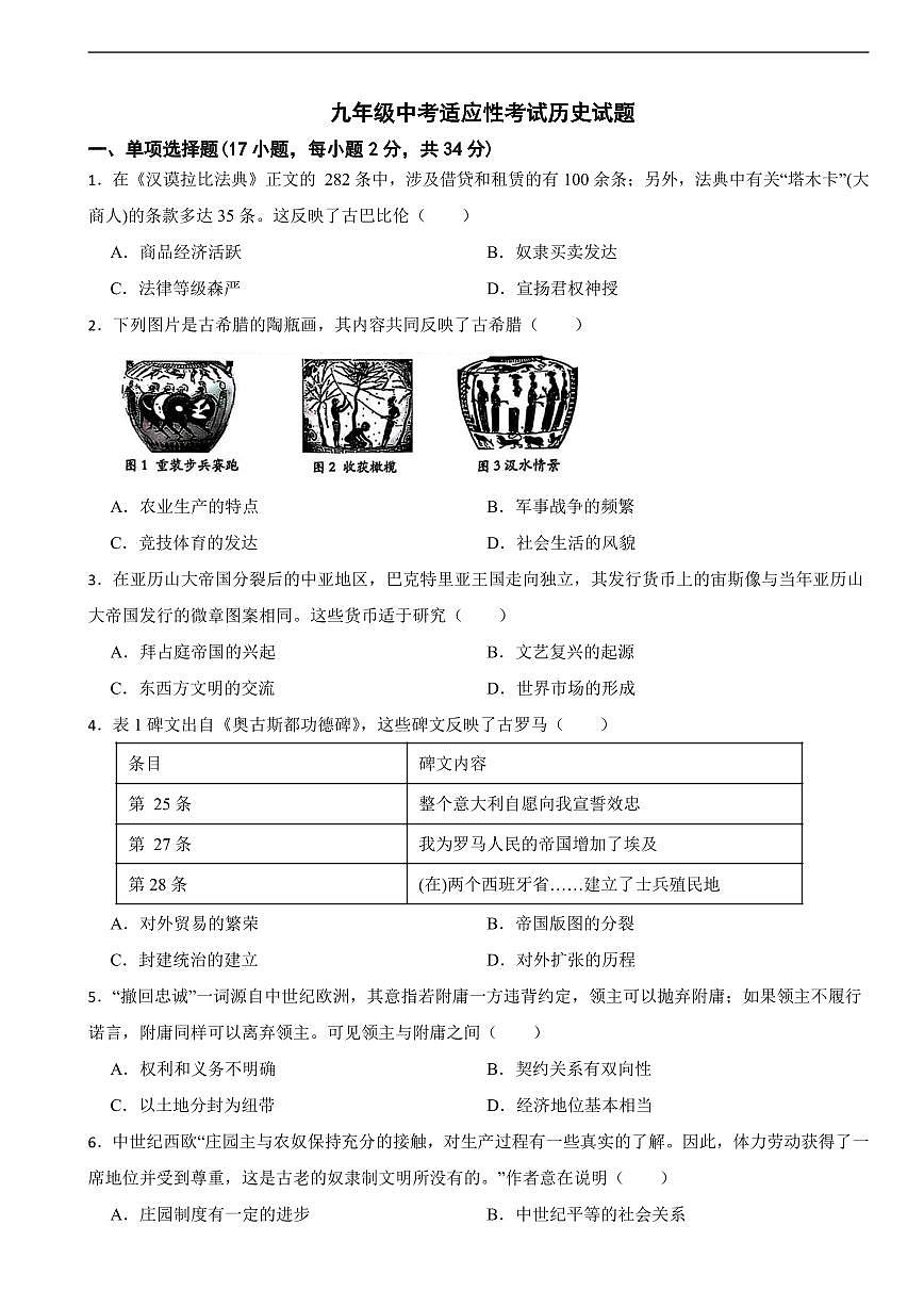 广东省深圳市2025年九年级中考适应性考试历史试题附答案第1页