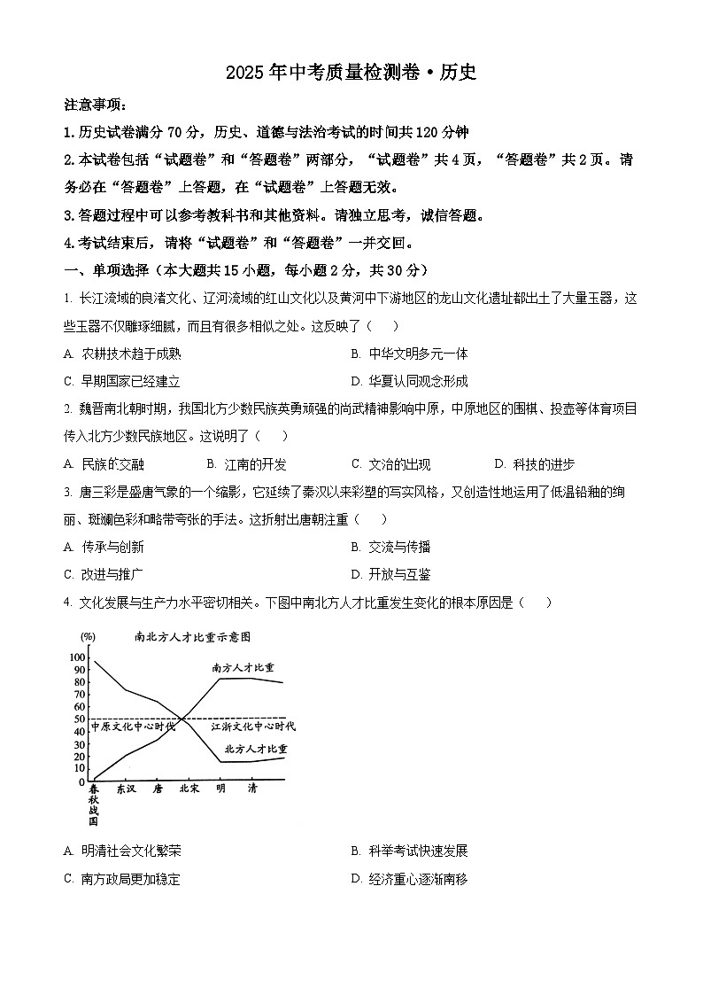 2025年安徽省安庆市望江县部分学校中考一模历史试题(原卷版+解析版)(中考模拟)第1页