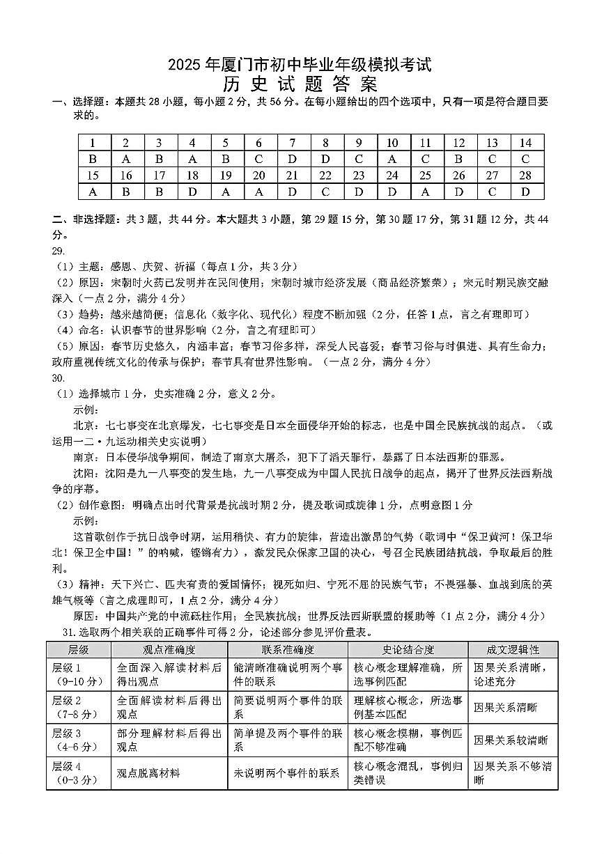 【厦门】历史 答案第1页