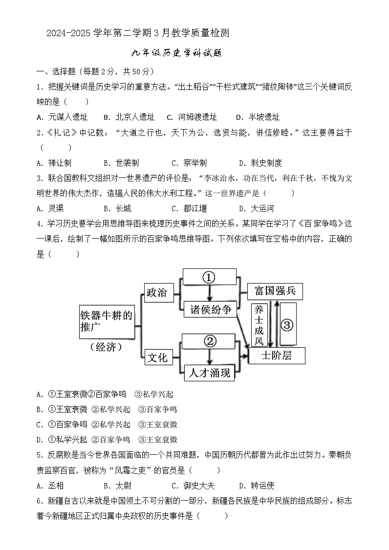 山东省宁津县张宅中学下学期第一次月考2024—2025学年度九年级历史试题(含答案)第1页