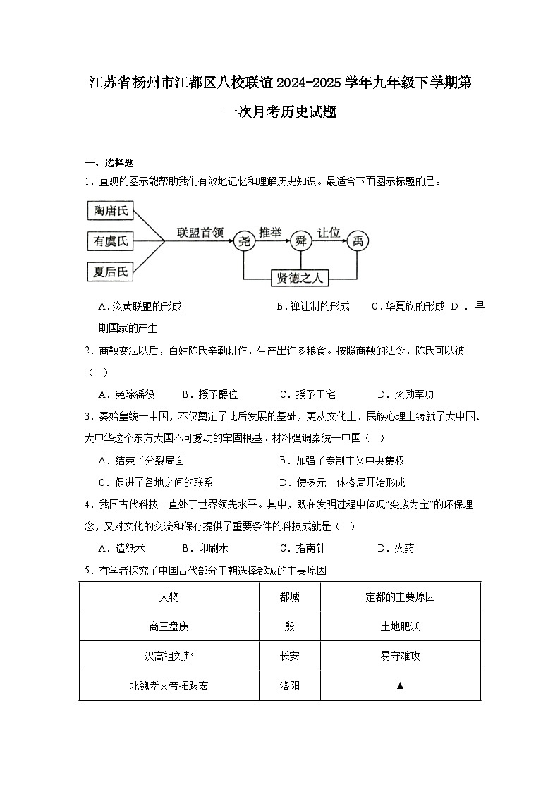 江苏省扬州市江都区八校联谊2024—2025学年度九年级下学期第一次月考历史试题(含答案)第1页